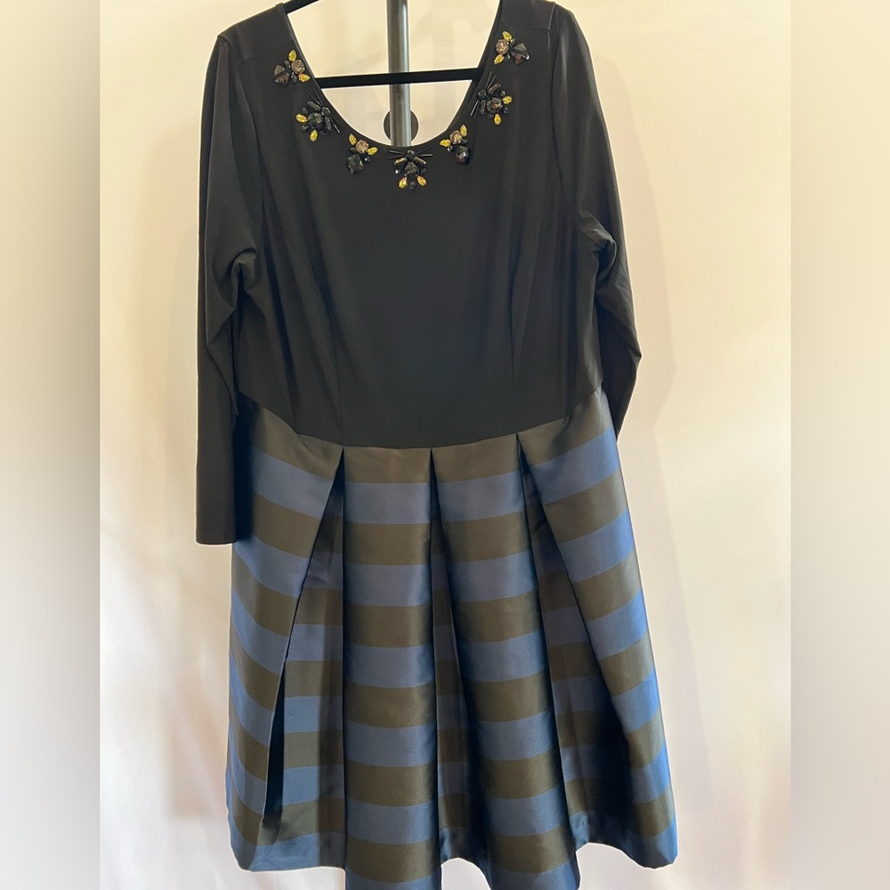 Eliza J Black Blue Stripe Jewel Collar Fit & Flare Party Dress 18W